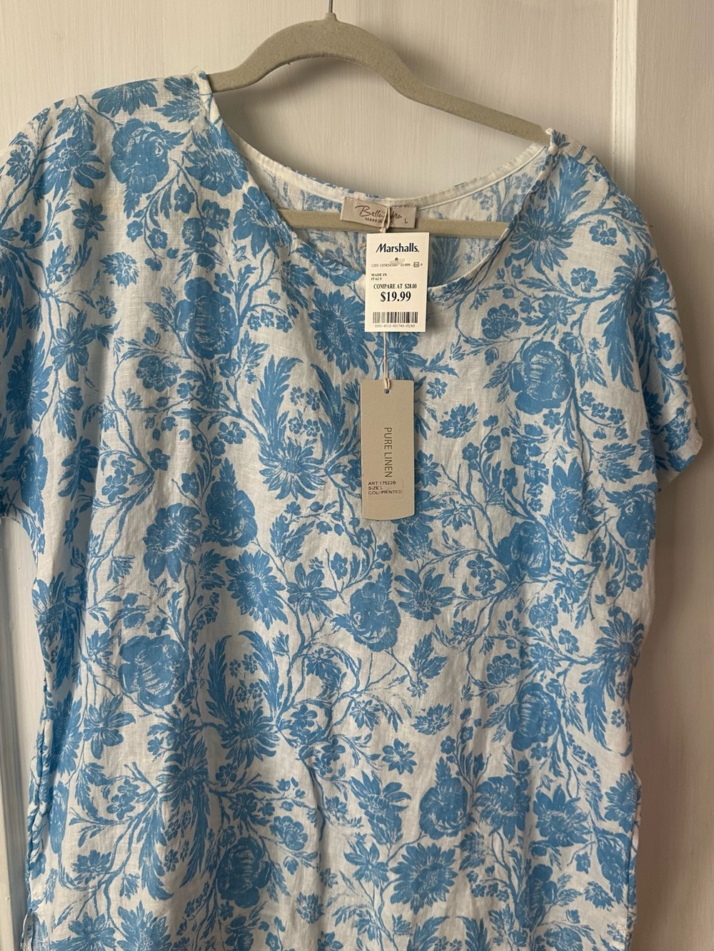 NWT floral linen blouse, blue and white floral print